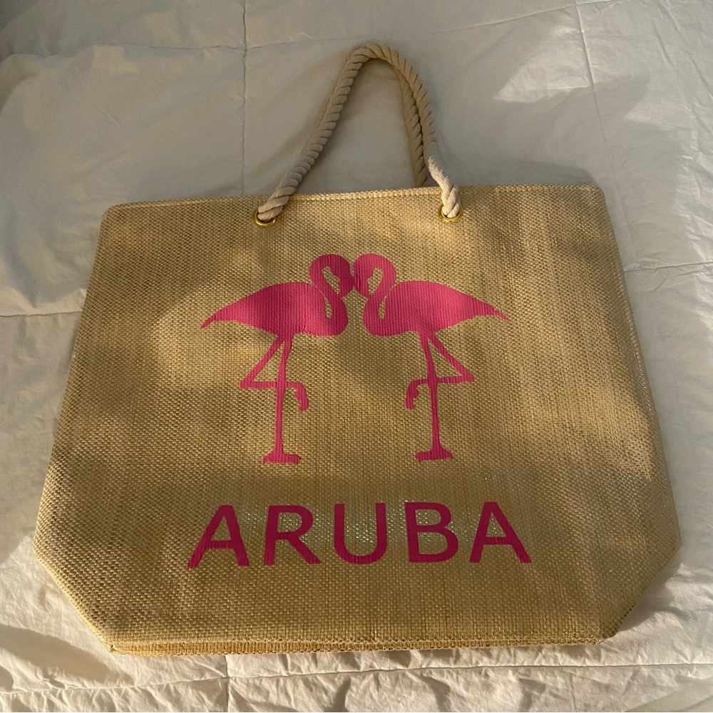 Aruba Pink Flamingo Straw Tote Bag